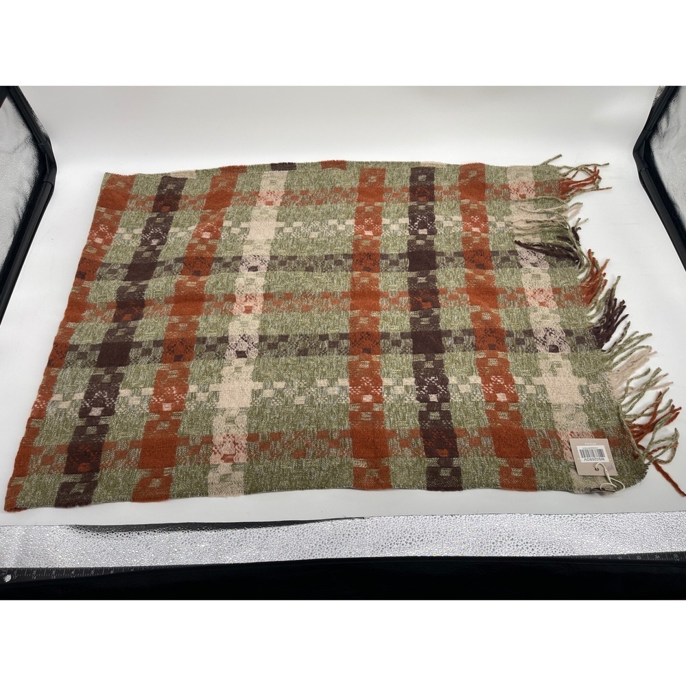 Styline Plaid Scarf Womens One Size Green Orange Multi Fringe Knit MS0268OV NWT